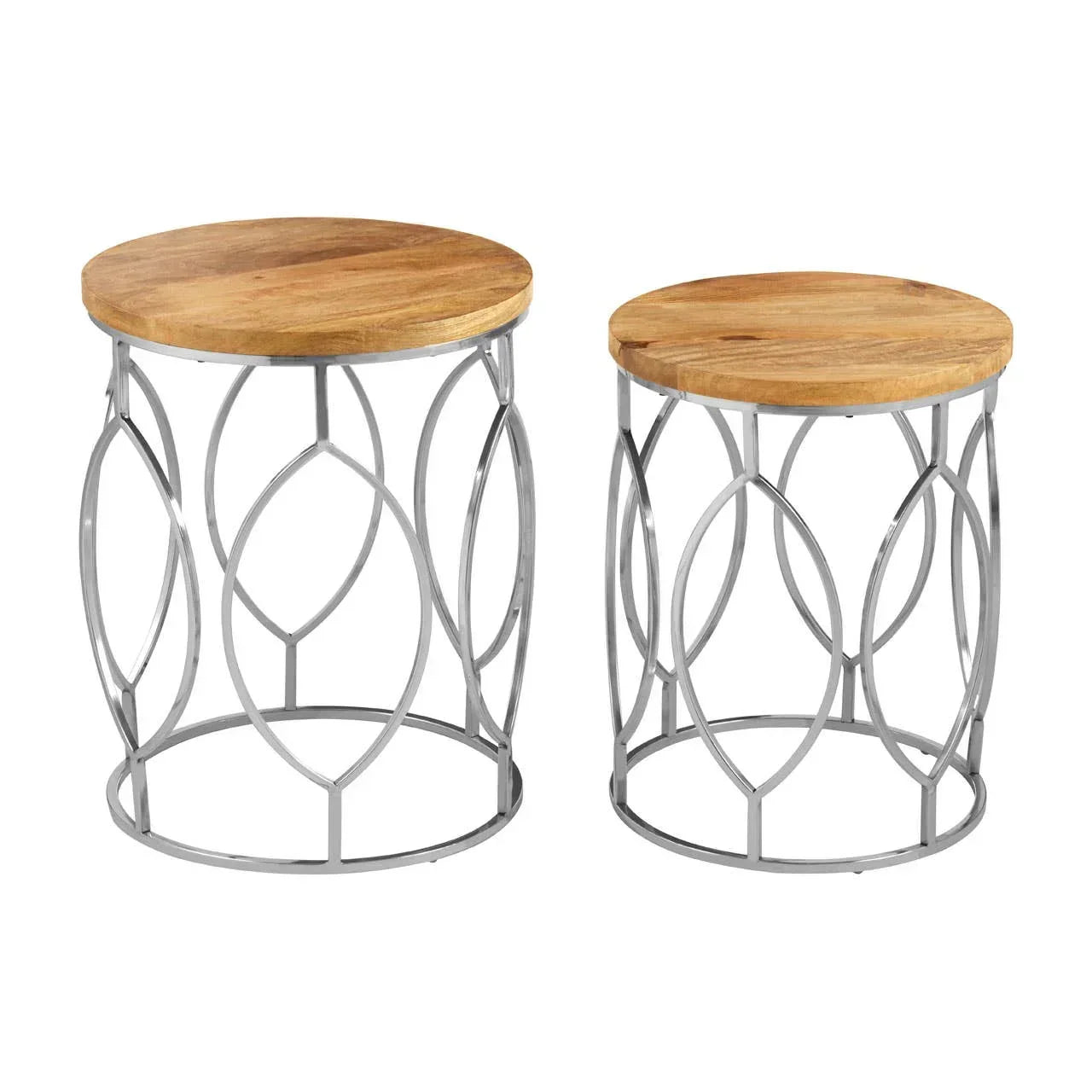 Round metal side tables with natural wood tops and openwork silver bases, set of two