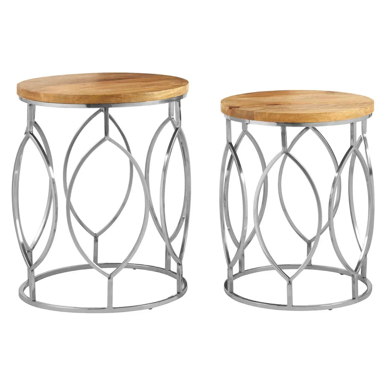 Pair of round side tables with wooden tops and chrome metal base with leaf patterns
