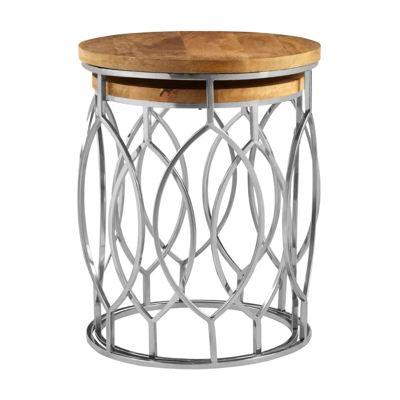 Round side table with light wood top and geometric silver metal frame