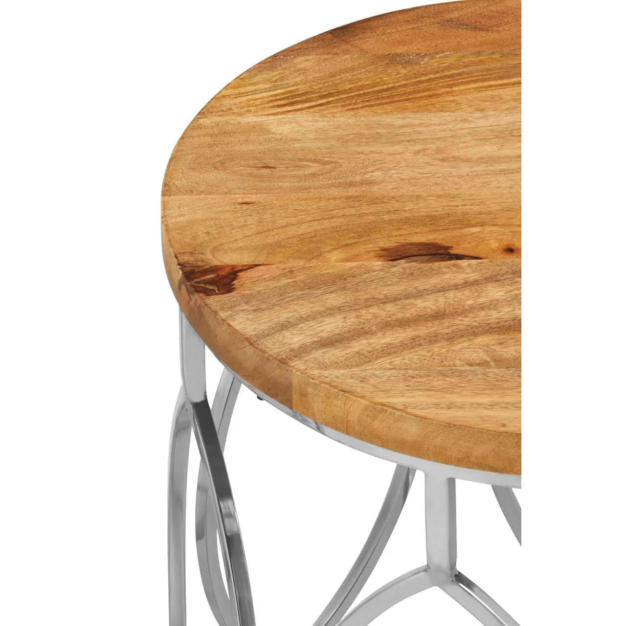 Round wooden coffee table with metal legs, natural finish and smooth edge detail