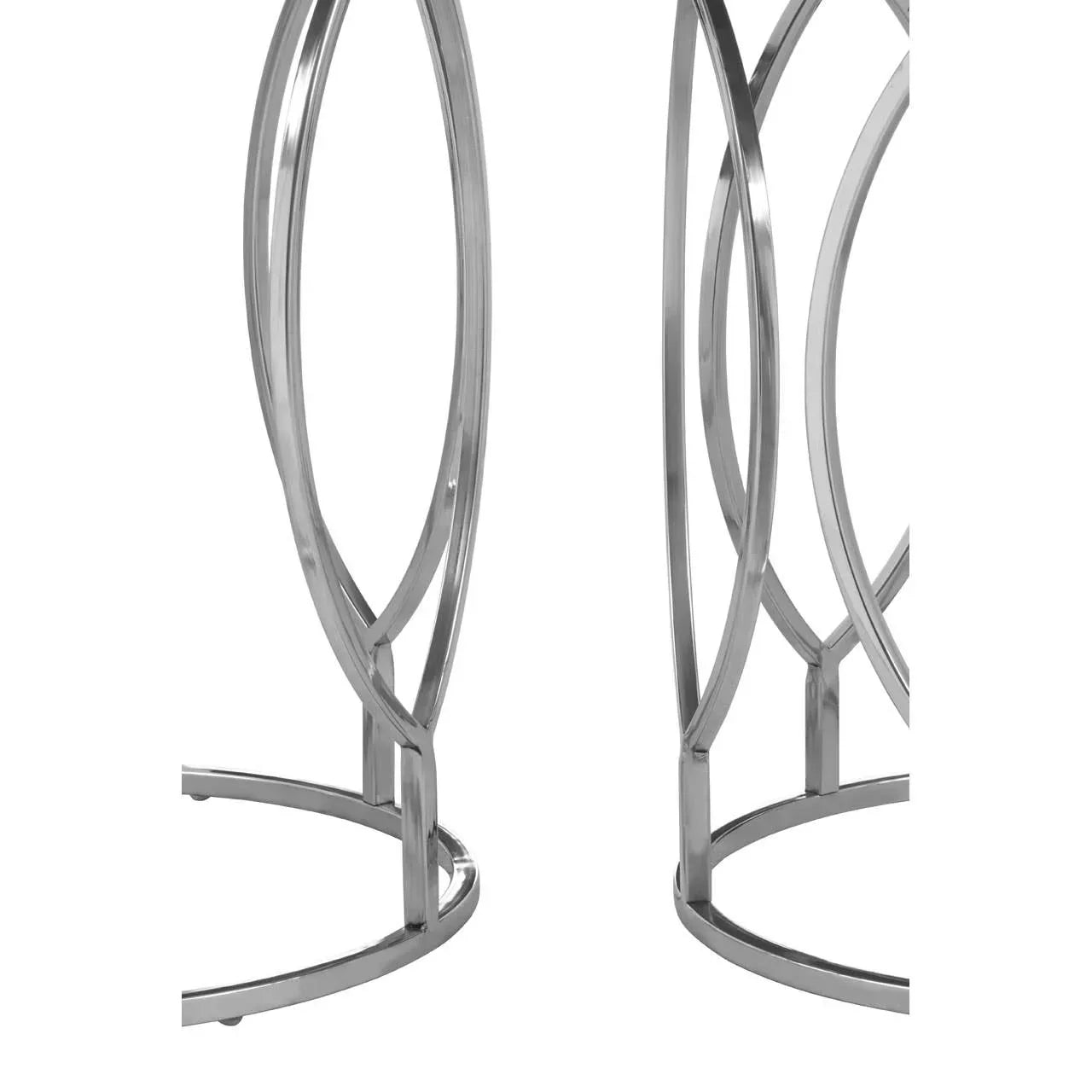 Chrome metal side table base with circular and intersecting oval frame design