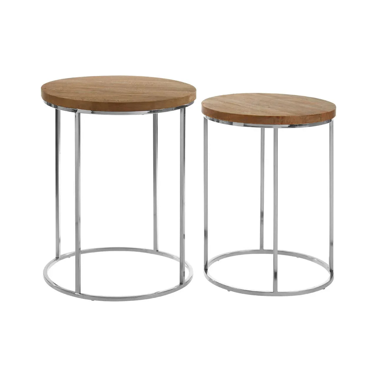Set of two round nesting side tables with light wood tops and chrome metal legs
