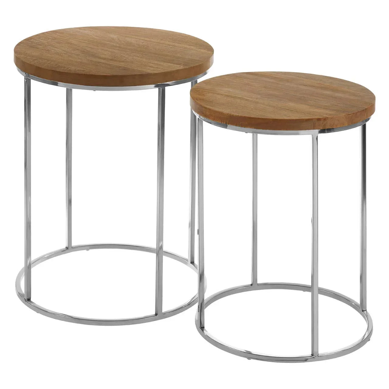 Round nesting side tables with wooden tops and chrome metal frames