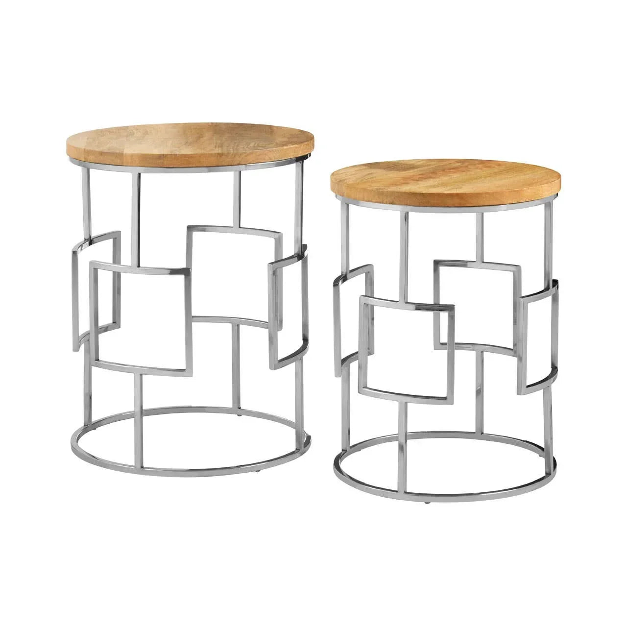 Set of two round side tables with wooden tops and geometric chrome metal bases