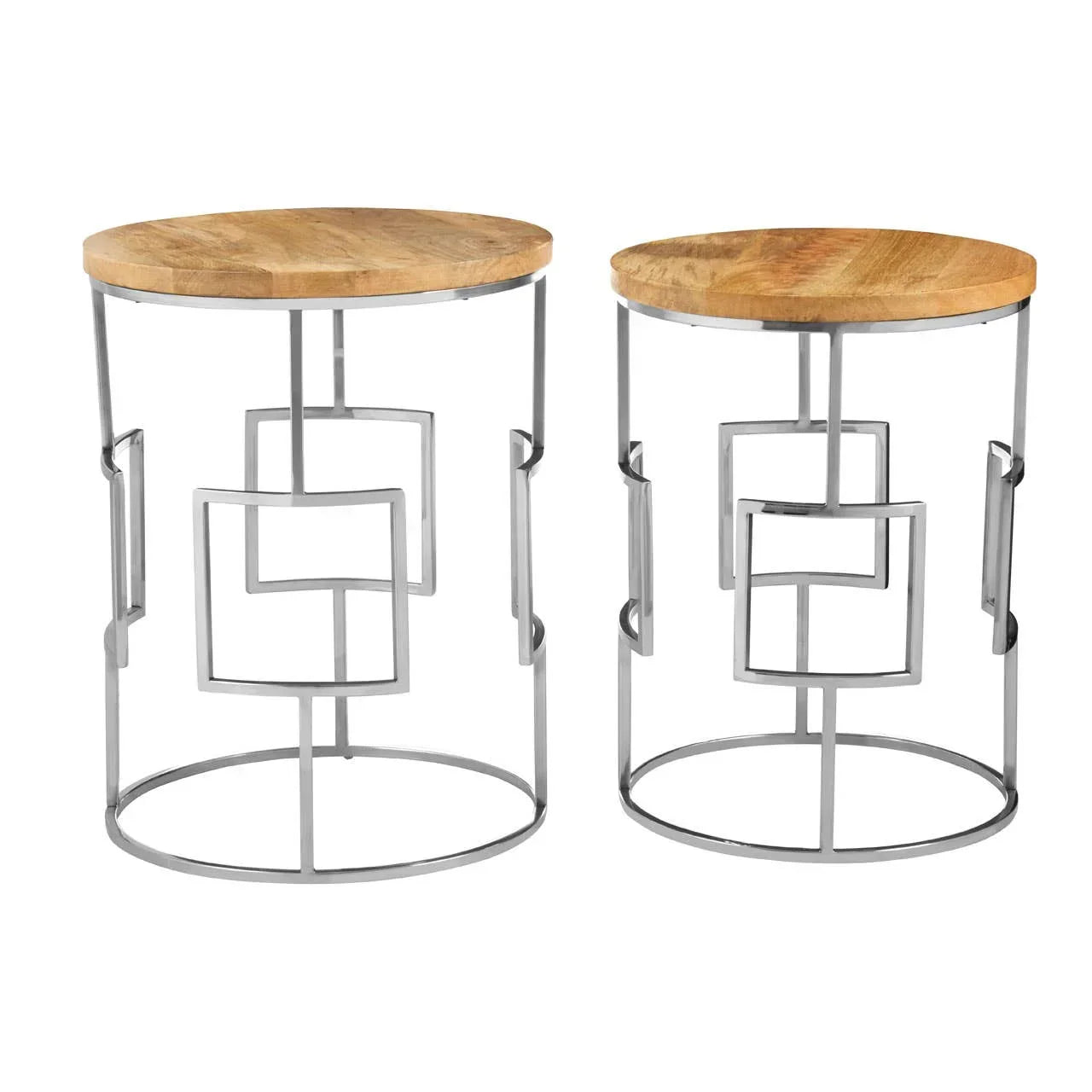 Set of two round side tables with metal geometric base and light wood tops
