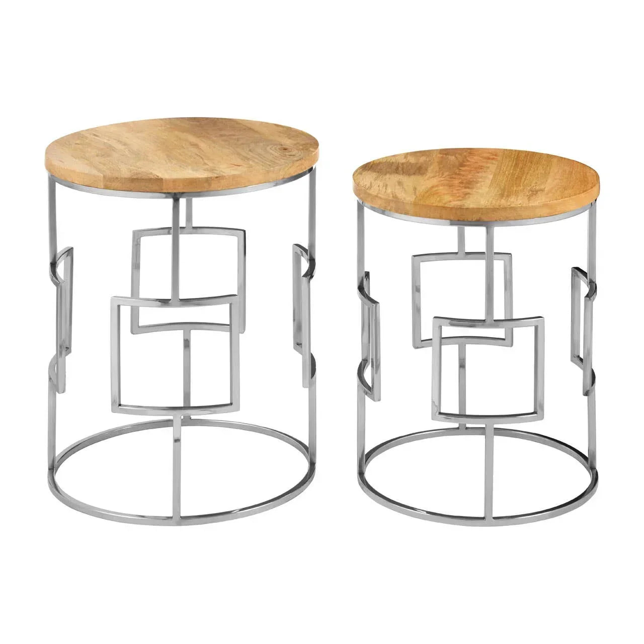 Set of two round side tables with wooden tops and geometric chrome metal bases