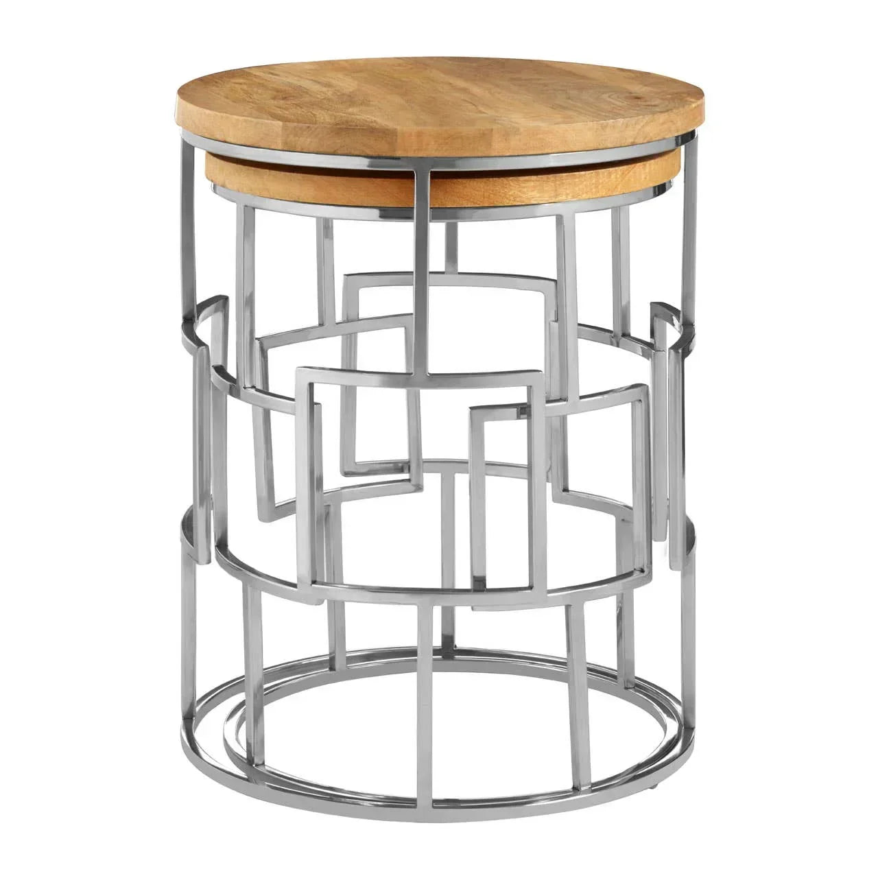 Set of two round nesting side tables with geometric chrome bases and wood tops