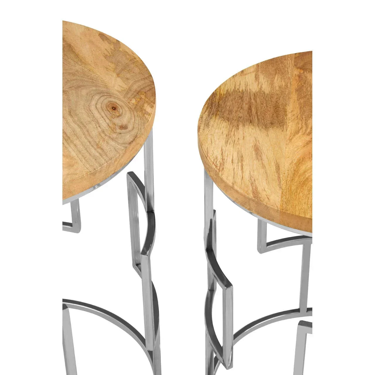 Round wooden side tables with metal frames, close-up of tops and modern silver legs