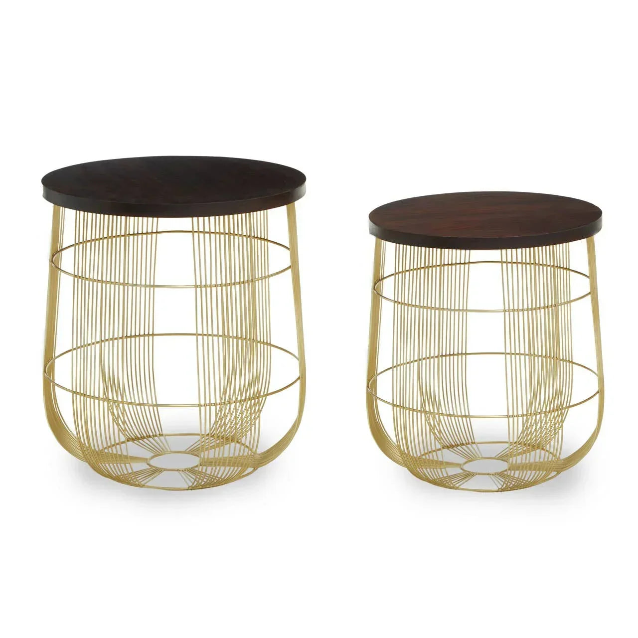 Set of two round gold wire side tables with dark wooden tops