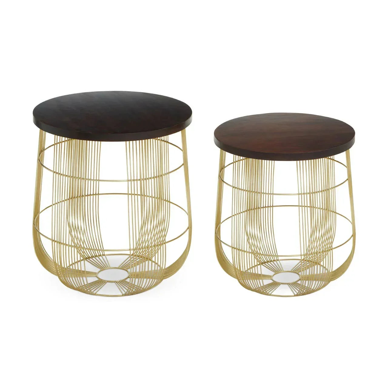 Gold wire metal nesting tables set with dark wood tops on a white background