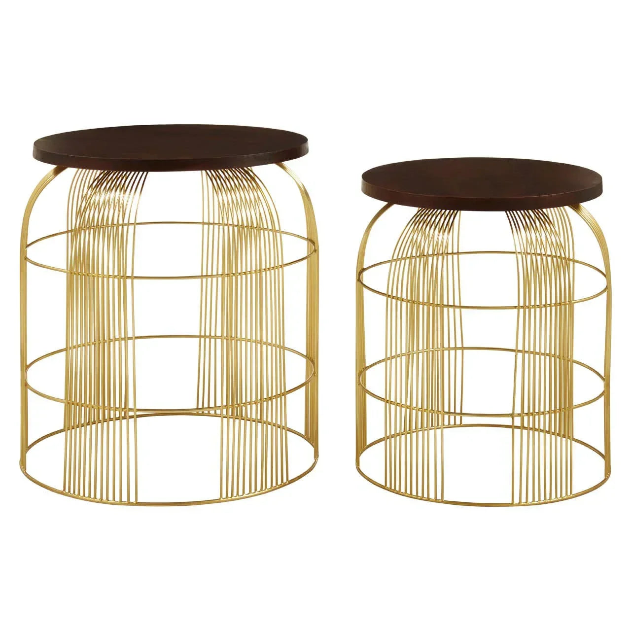 Set of two gold wire side tables with round dark wood tops on white background