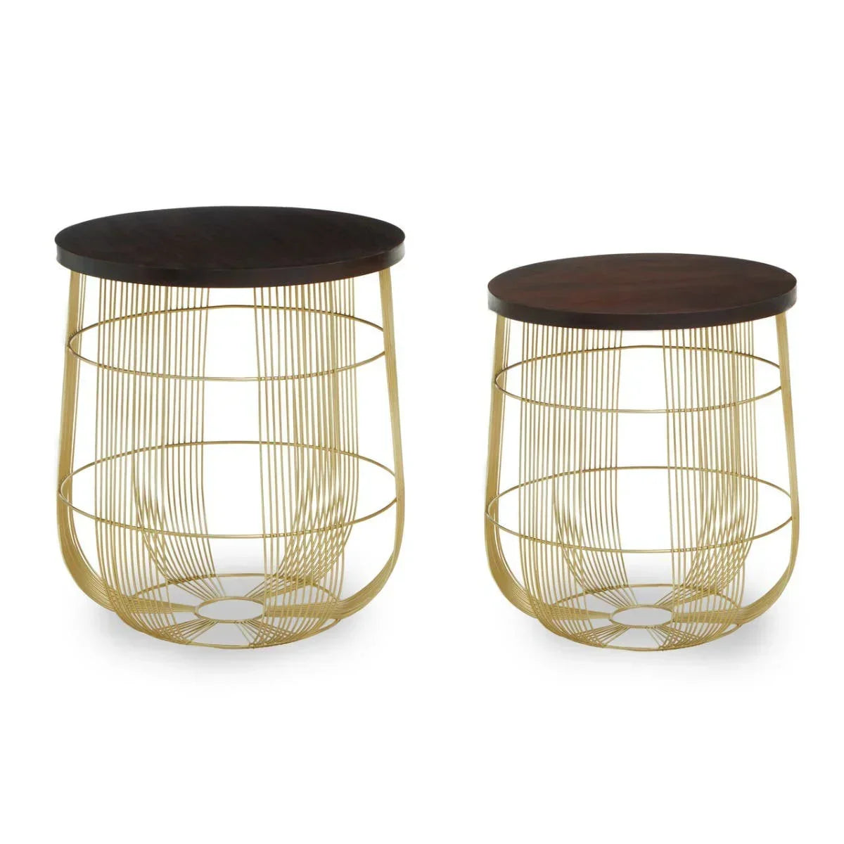 Set of two round wire side tables with gold metal base and dark wood top