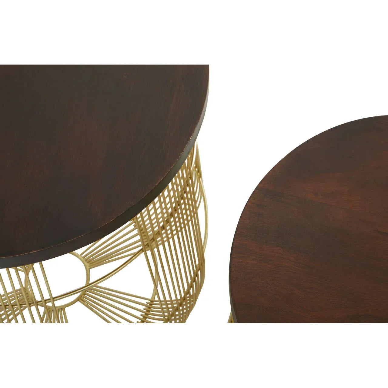 Round wooden side tables with dark tops and gold metal wire bases, close-up view