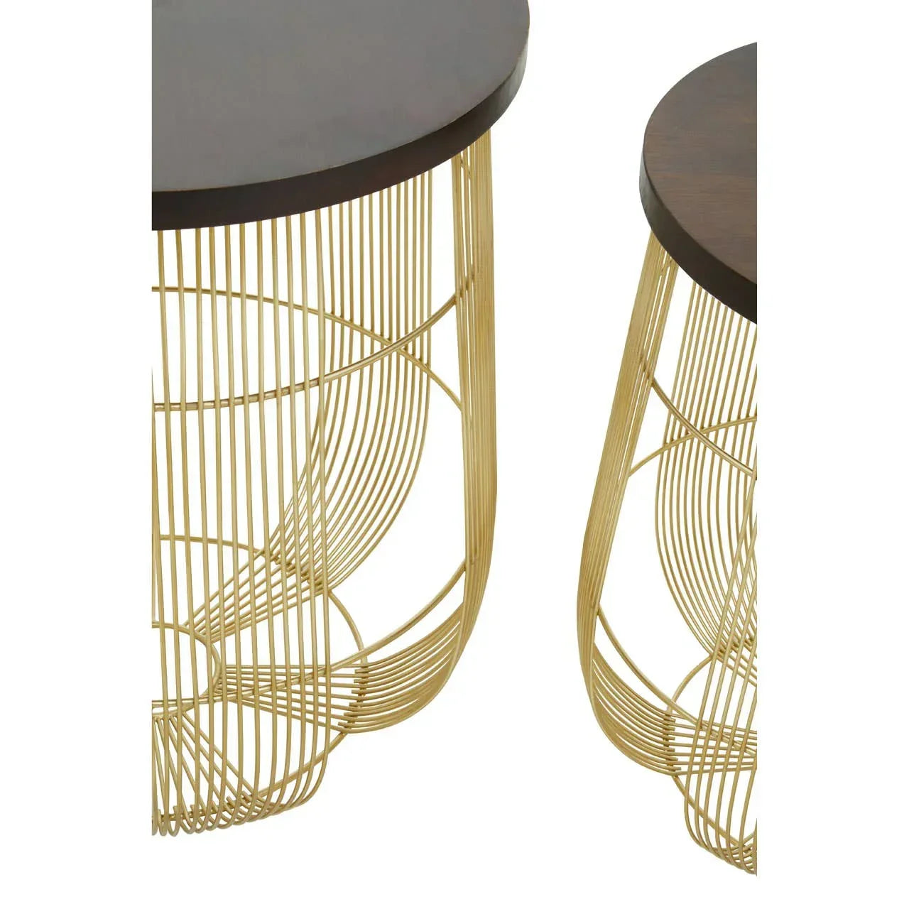 Round nest of tables with gold wire metal frames and dark wood tops, close-up side view
