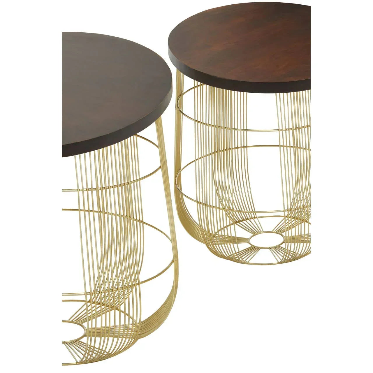 Set of two round side tables with gold metal wire base and dark wood top