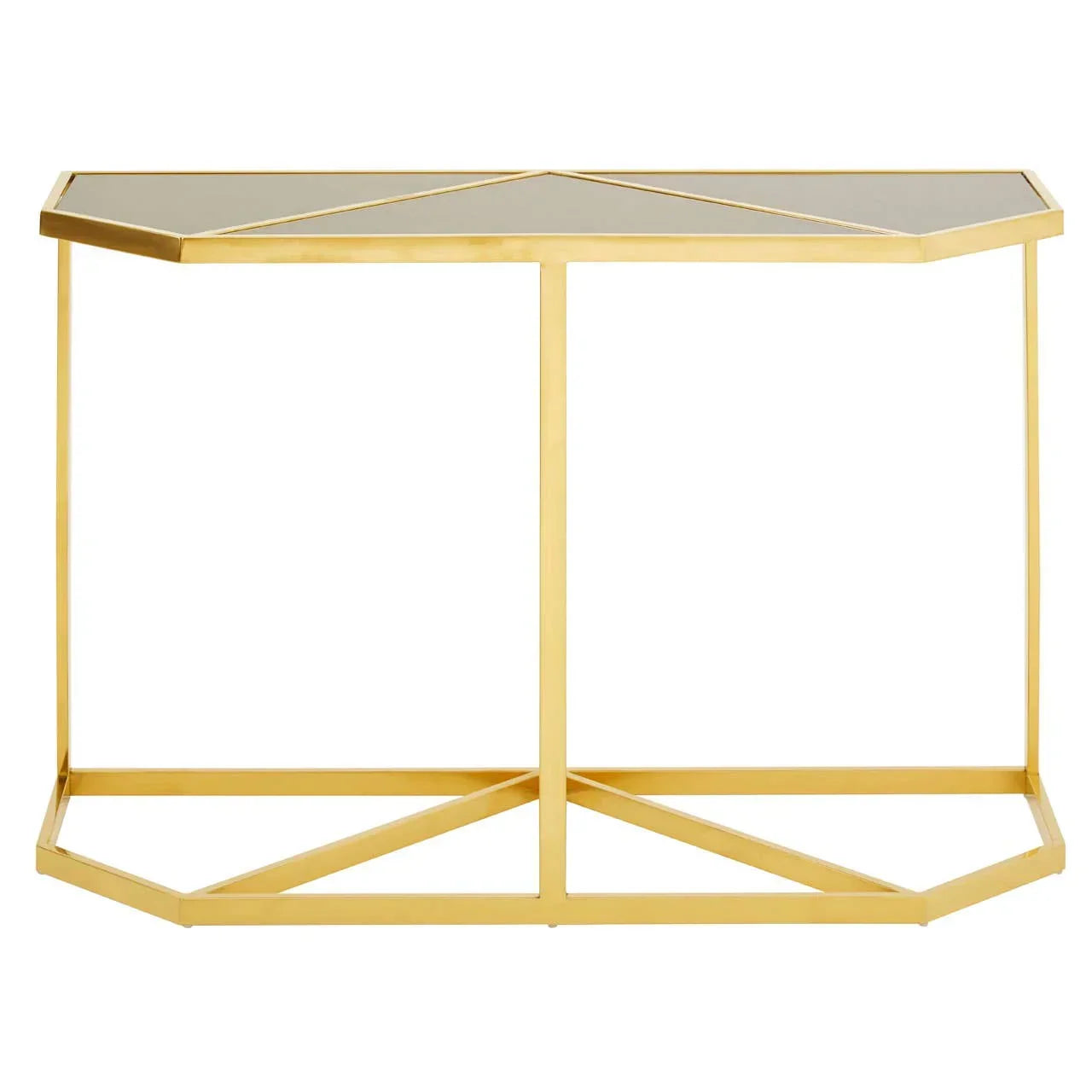 Gold metal console table with geometric frame and glass top, modern hallway furniture