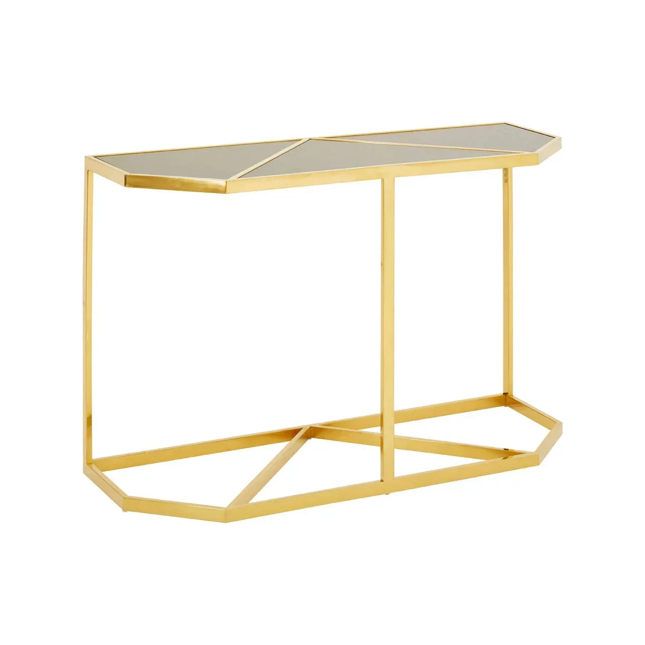 Gold metal console table with geometric glass top design, angled front view