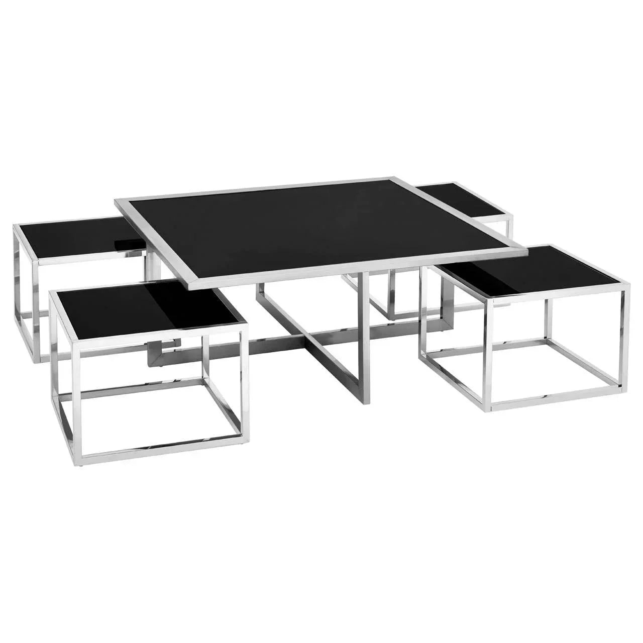 Black glass coffee table set with chrome metal frame and matching nested side tables