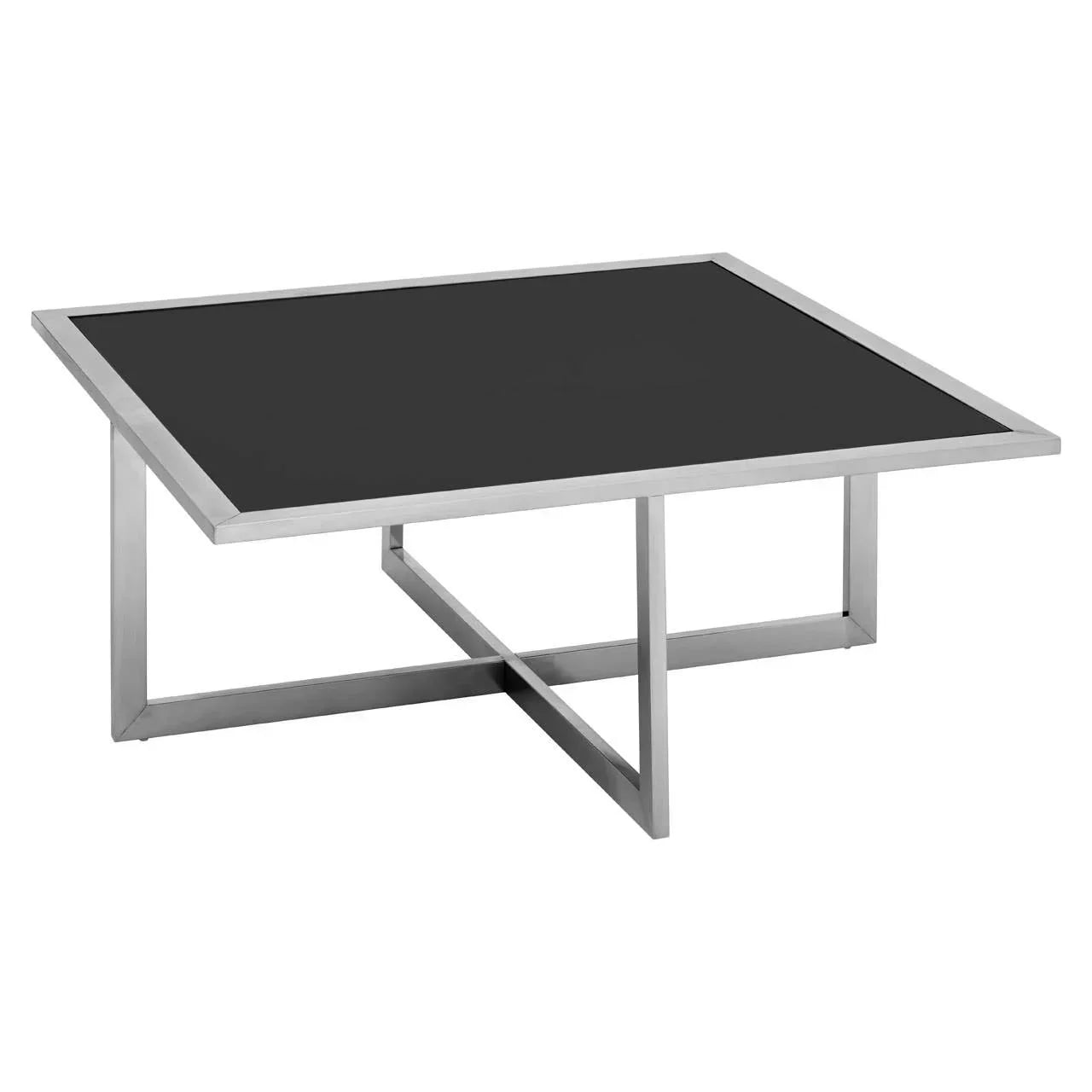 Square black glass coffee table with stainless steel frame and modern cross base
