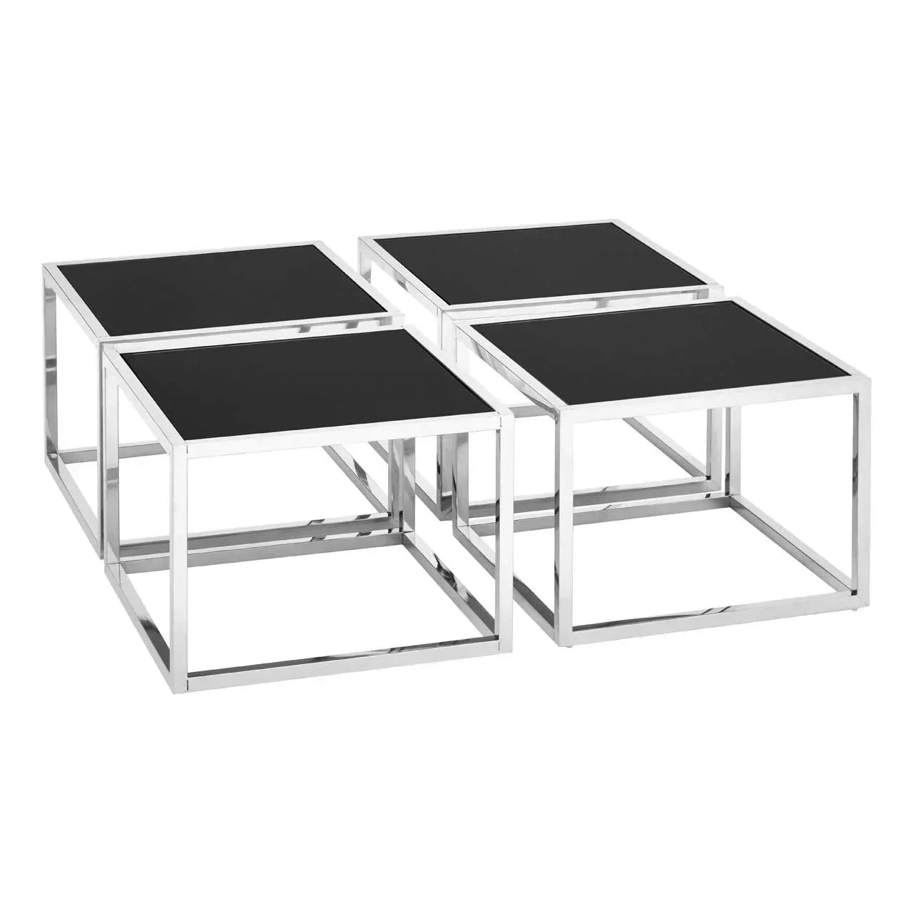 Set of four black glass top coffee tables with chrome metal frames, modular design