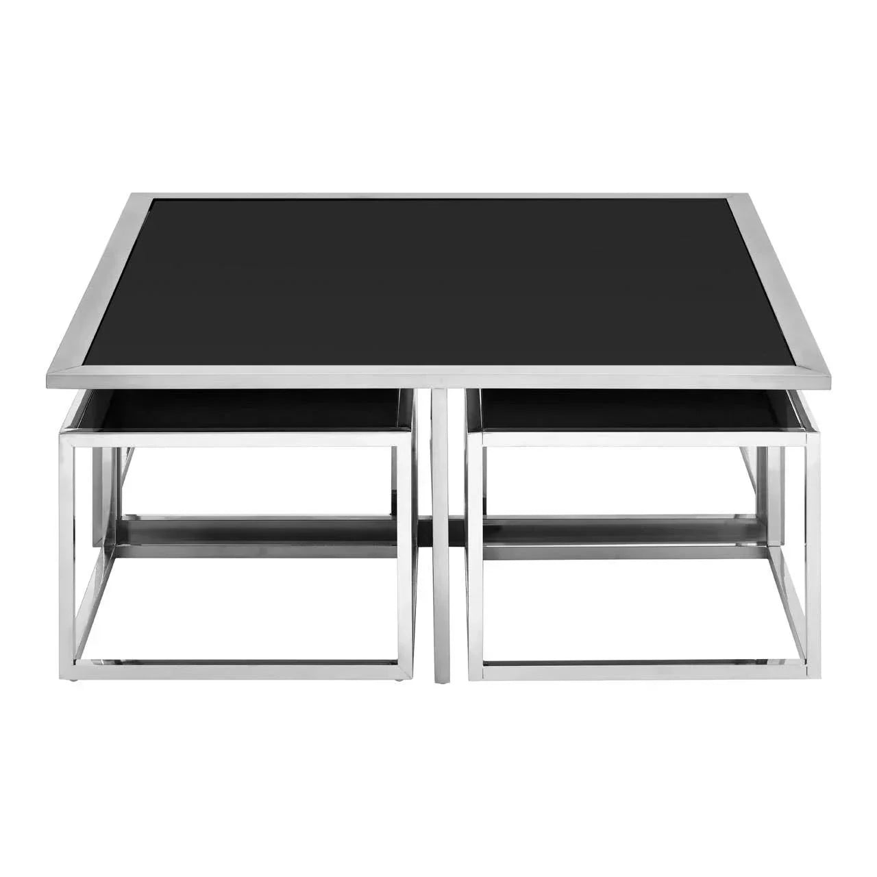 Square black glass coffee table with metal frame and nested side tables