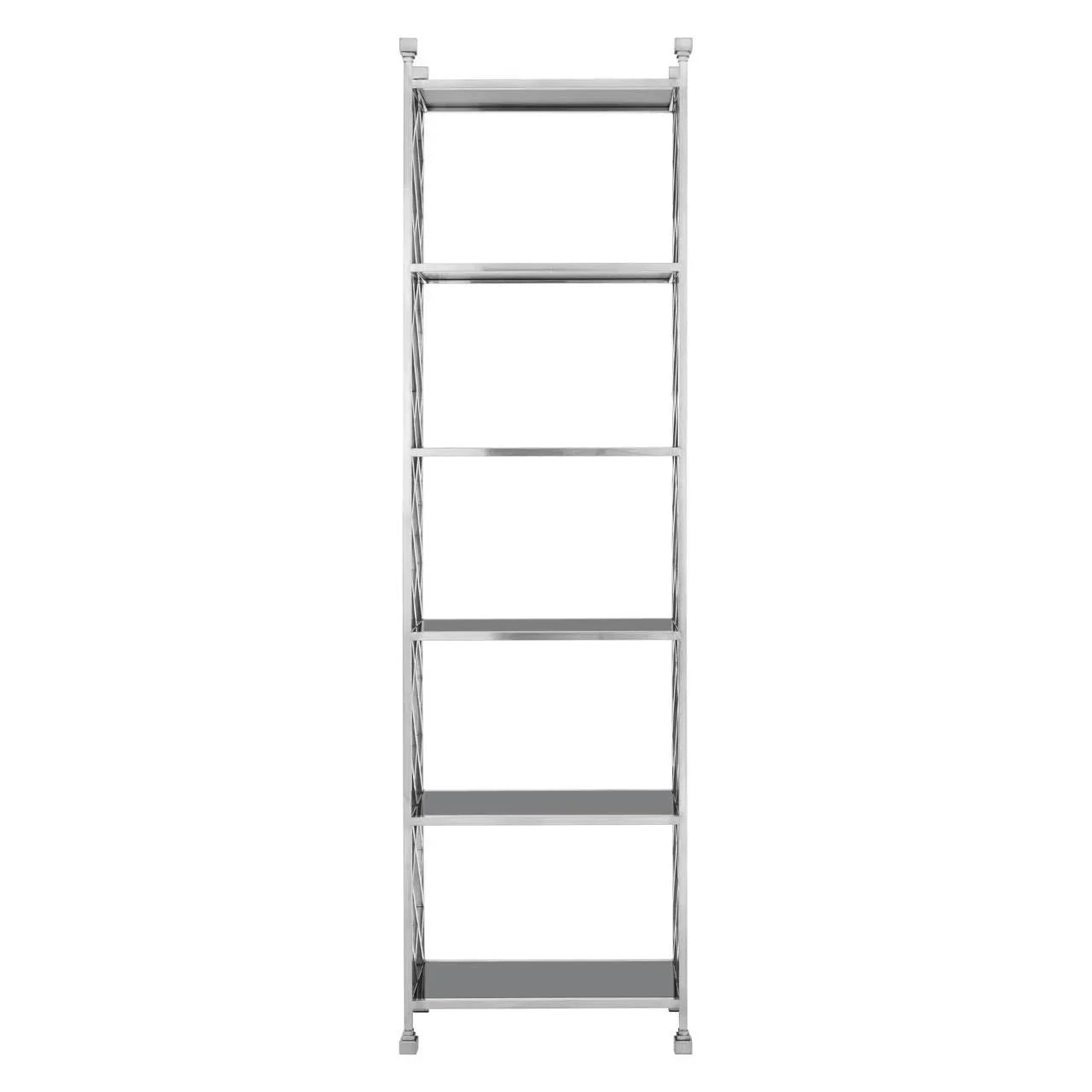 Tall chrome shelving unit with five glass shelves, modern open display furniture