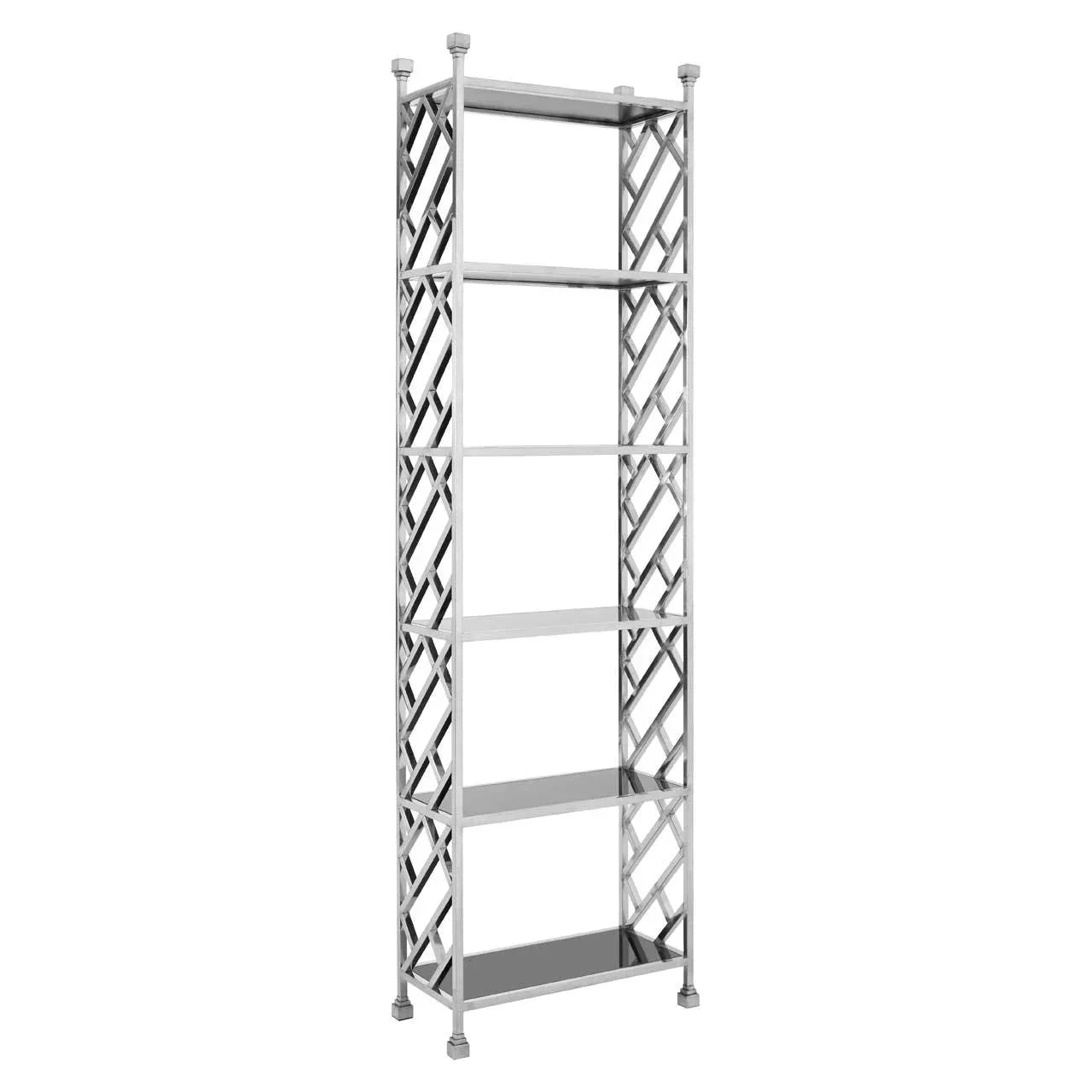 Chrome metal shelving unit with five open shelves and lattice side design