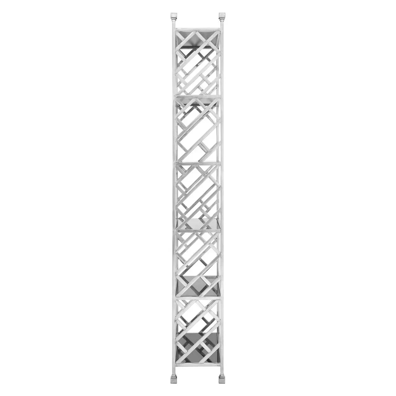 Slim silver metal shelving unit with crisscross frame and glass shelves, front view