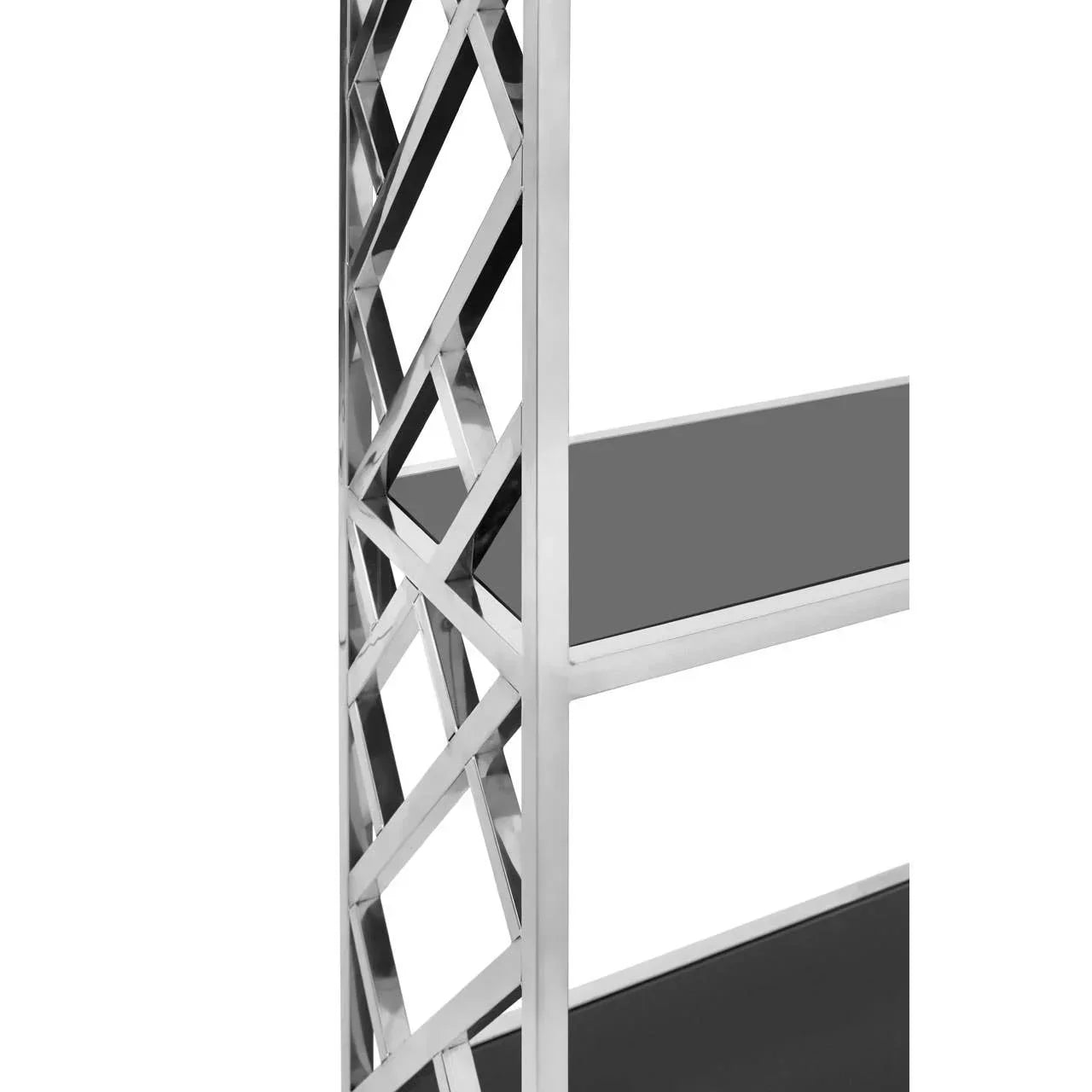 Chrome metal shelving unit with black glass shelves and lattice side detail