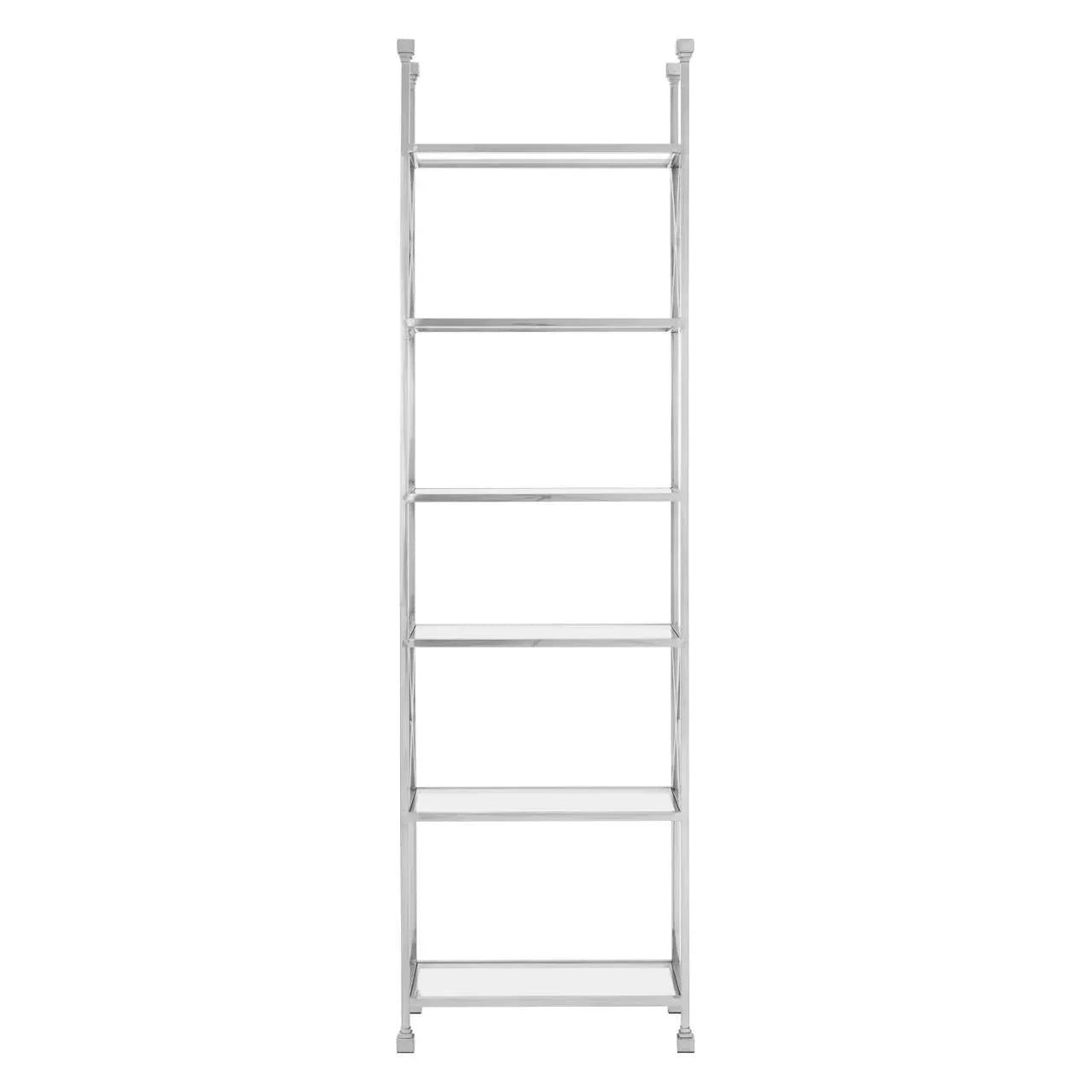 Chrome metal shelving unit with five glass shelves, front view