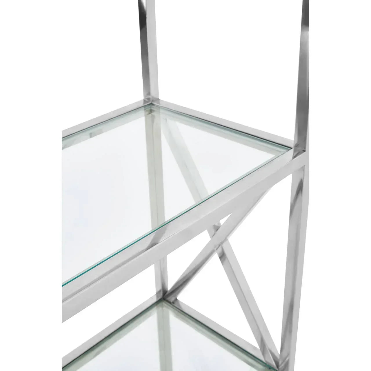 chrome and glass shelving unit with cross-frame detail, close-up of top shelves