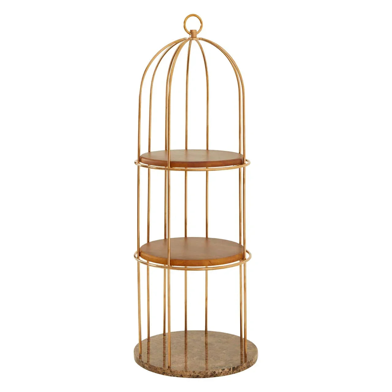 Gold metal accent shelf with two wooden tiers and round marble base
