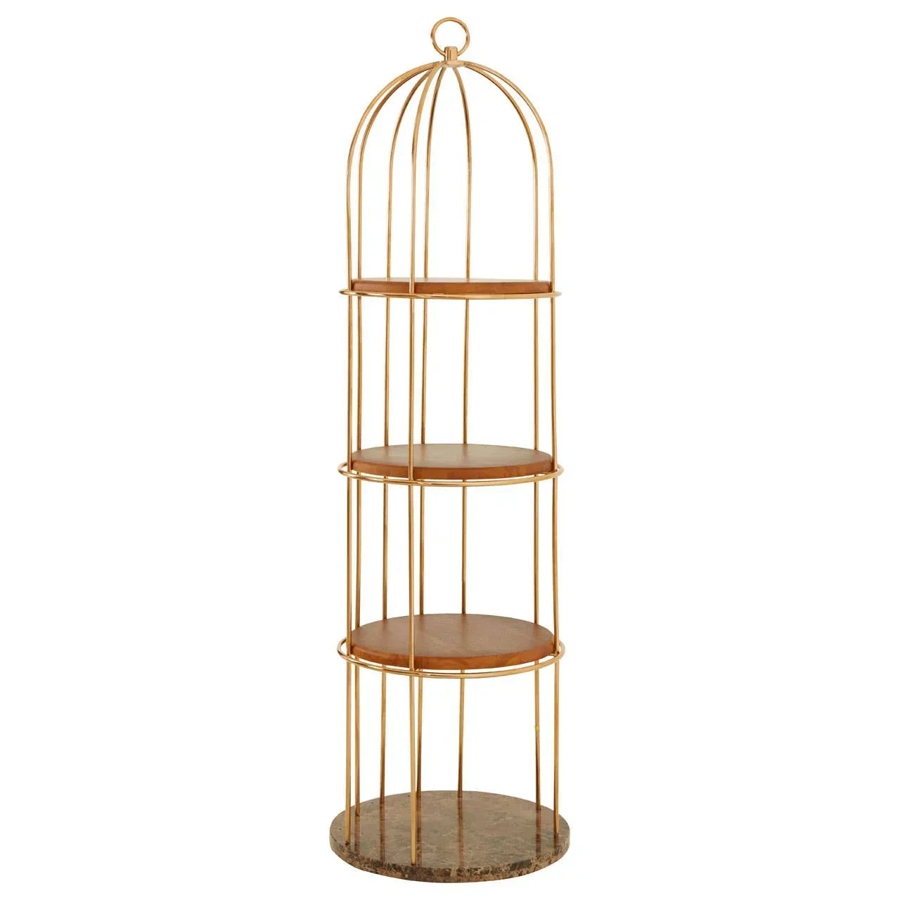Gold metal display shelf unit with three round wooden tiers and marble base
