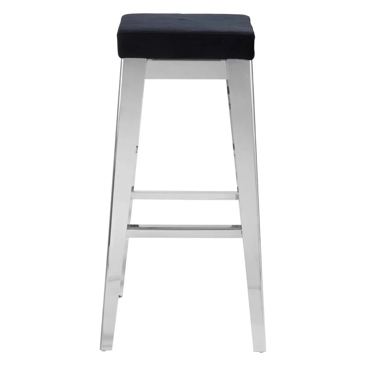Modern bar stool with chrome legs and black cushioned seat, front view
