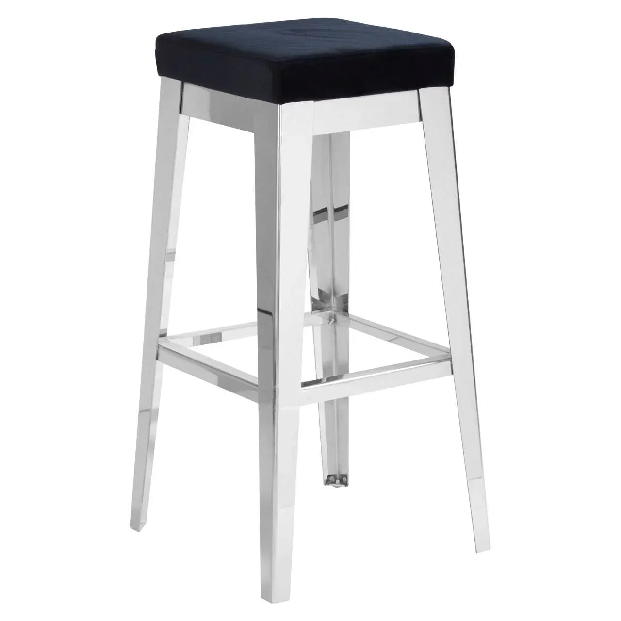 Chrome frame bar stool with black cushioned seat, square legs and footrest