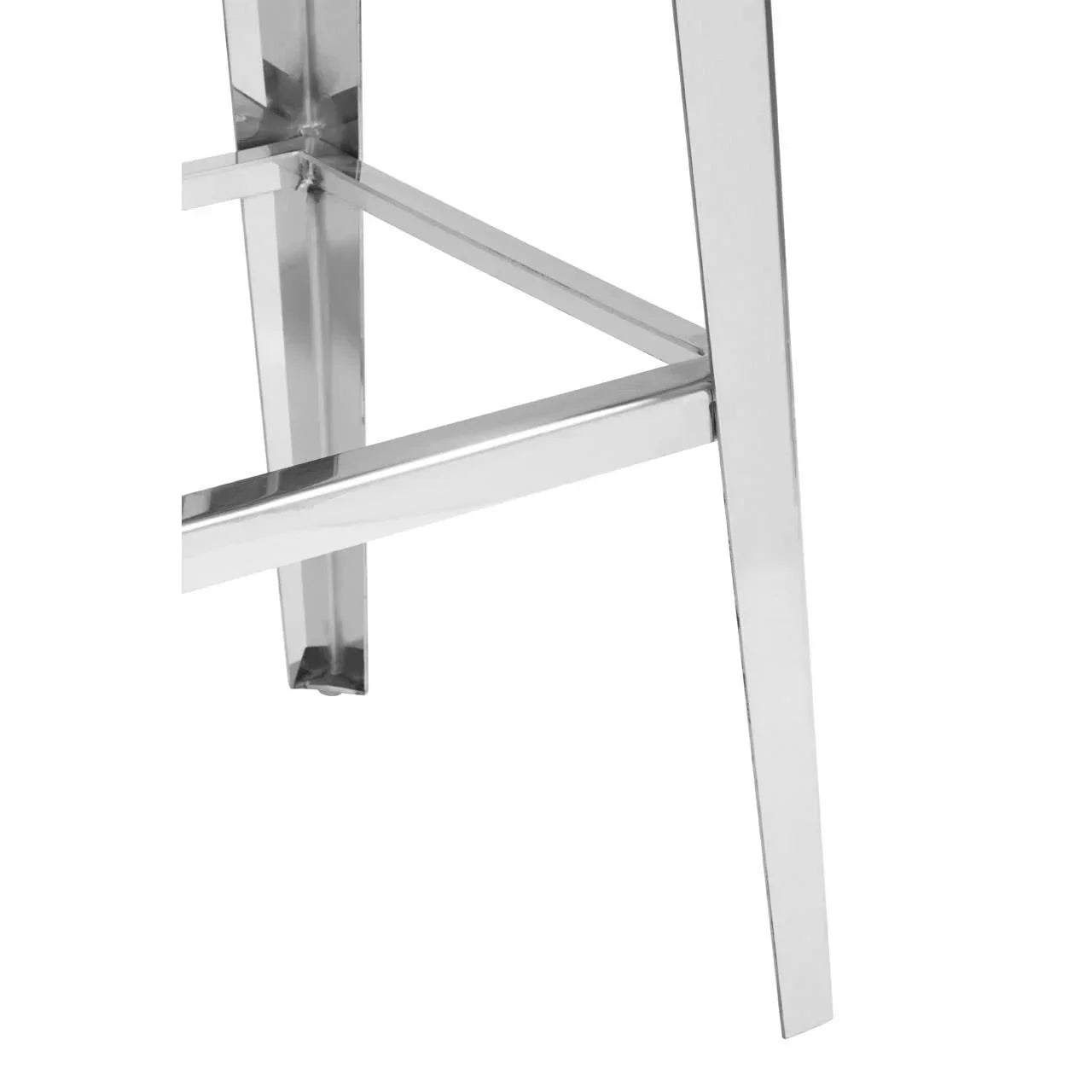 Closeup of chrome dining chair legs with modern metal frame and support bars