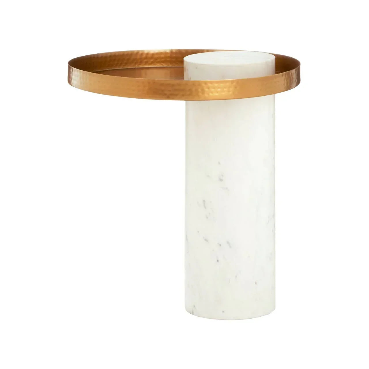 Round marble side table with gold metal rim and cylindrical base