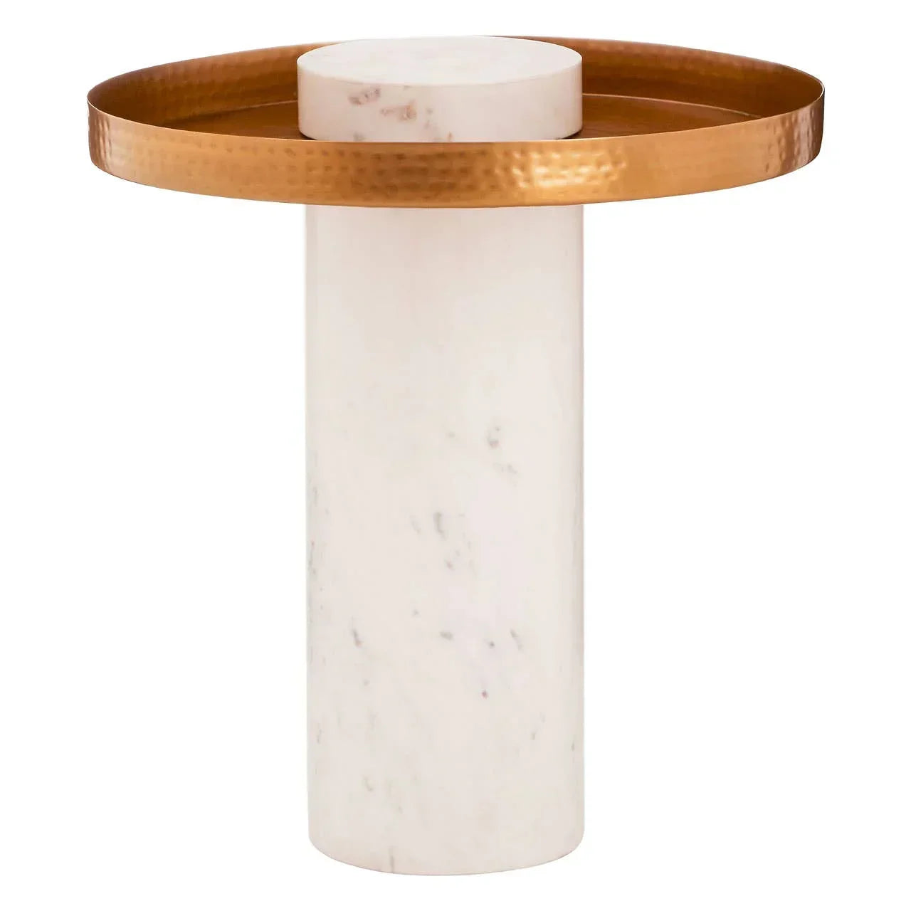 Round marble side table with a gold metal rim on cylindrical marble base