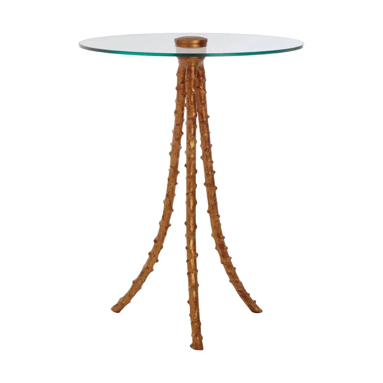 Round glass side table with gold tripod legs and textured bamboo design