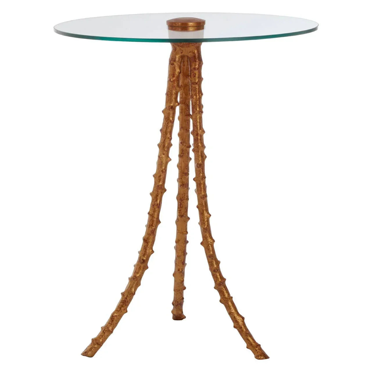 Glass side table with round top and gold tripod base featuring textured branch design