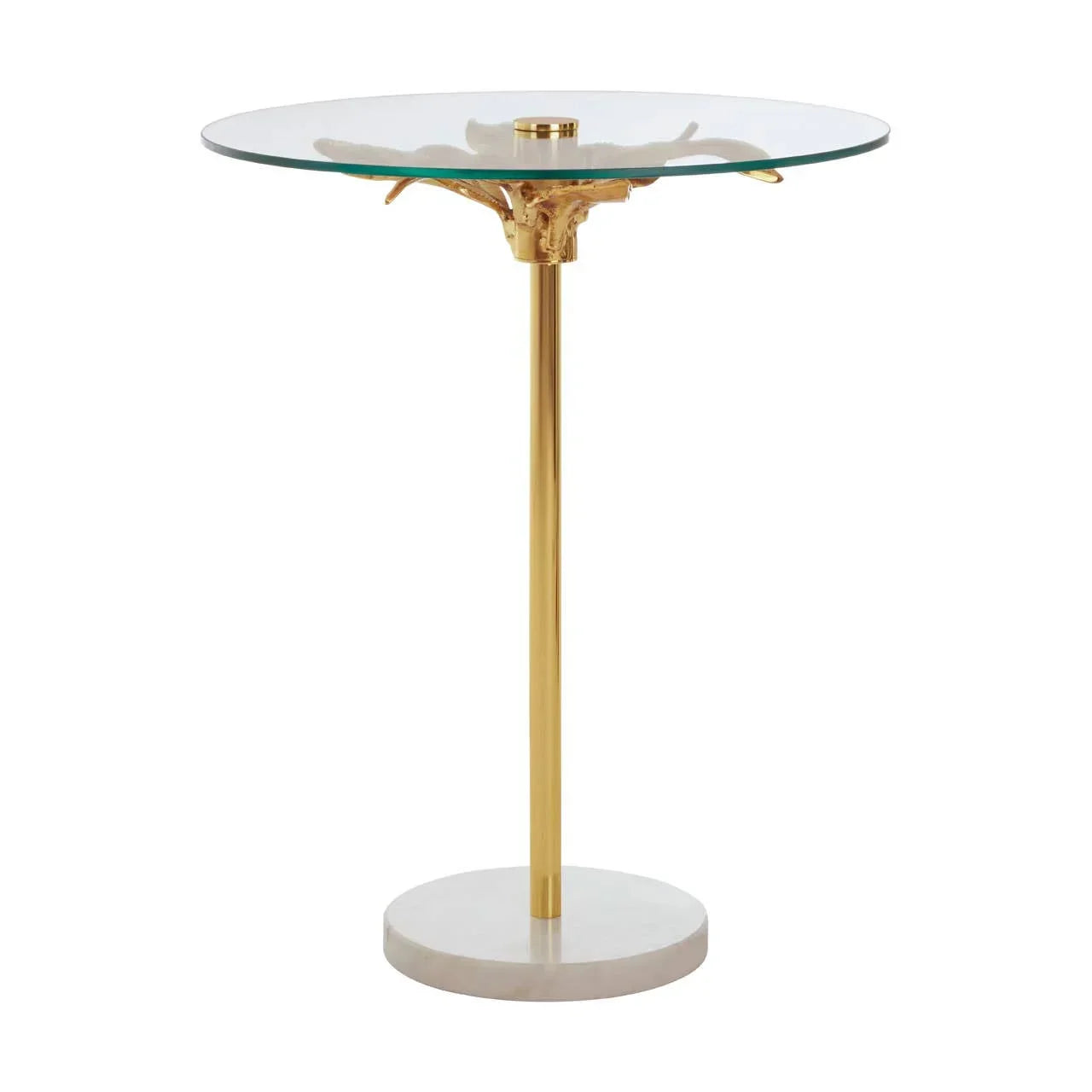 Round glass side table with gold metal stem and white marble base