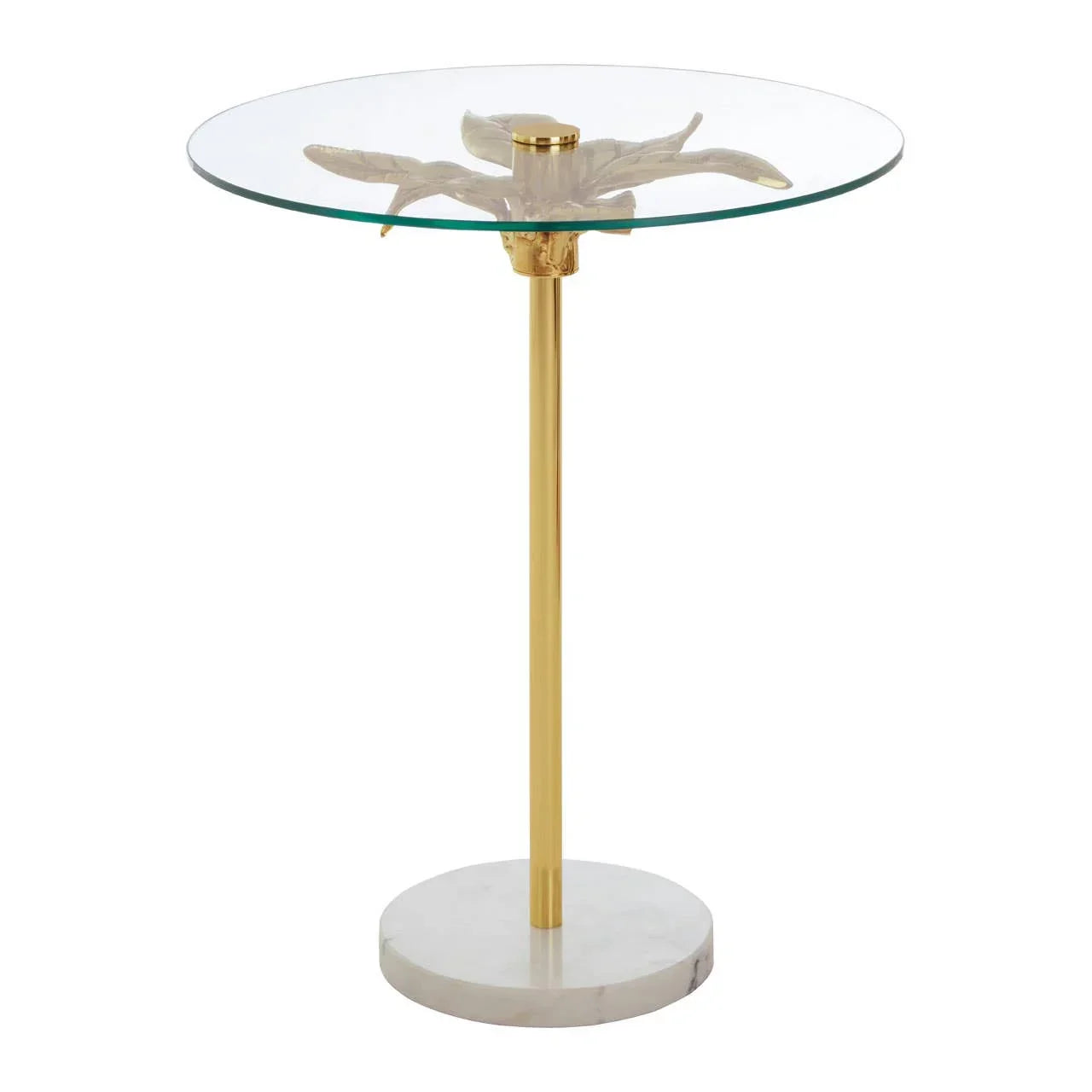 Glass top side table with gold metal stem, white marble base, leaf accent detail