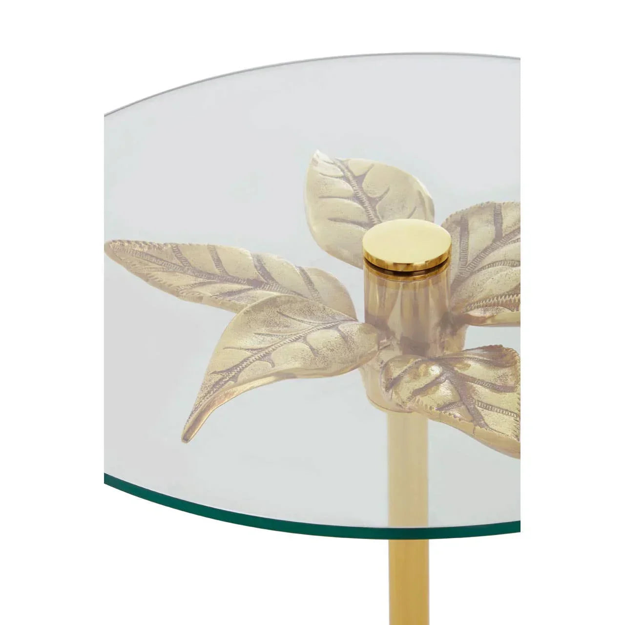Round glass side table with gold metal leaf detail and central gold support