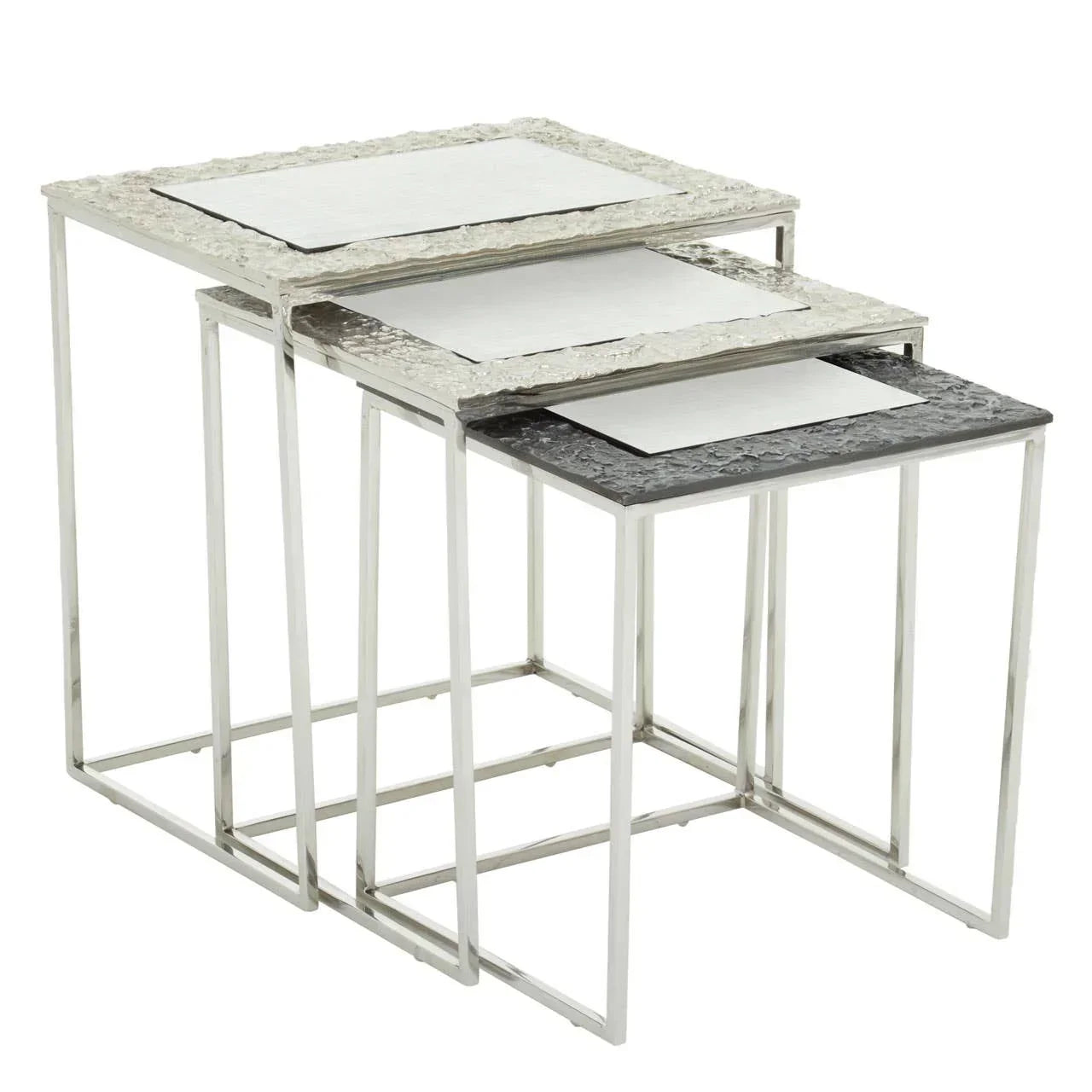 set of three silver metal nesting tables with textured frame and mirrored tops