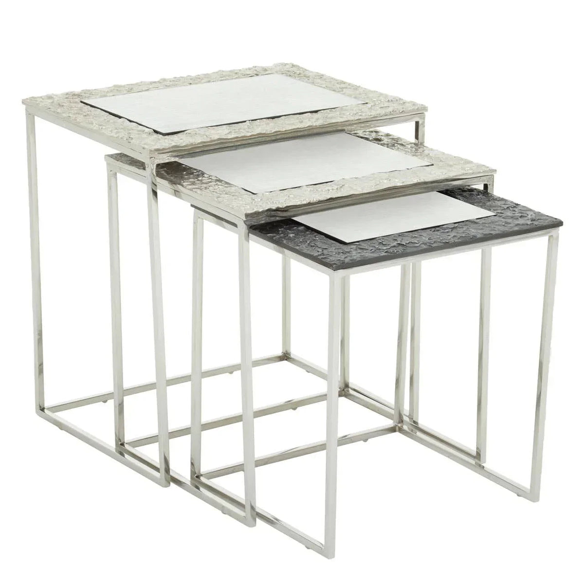 Set of 3 nesting tables with textured mirror tops and chrome frames, angled view