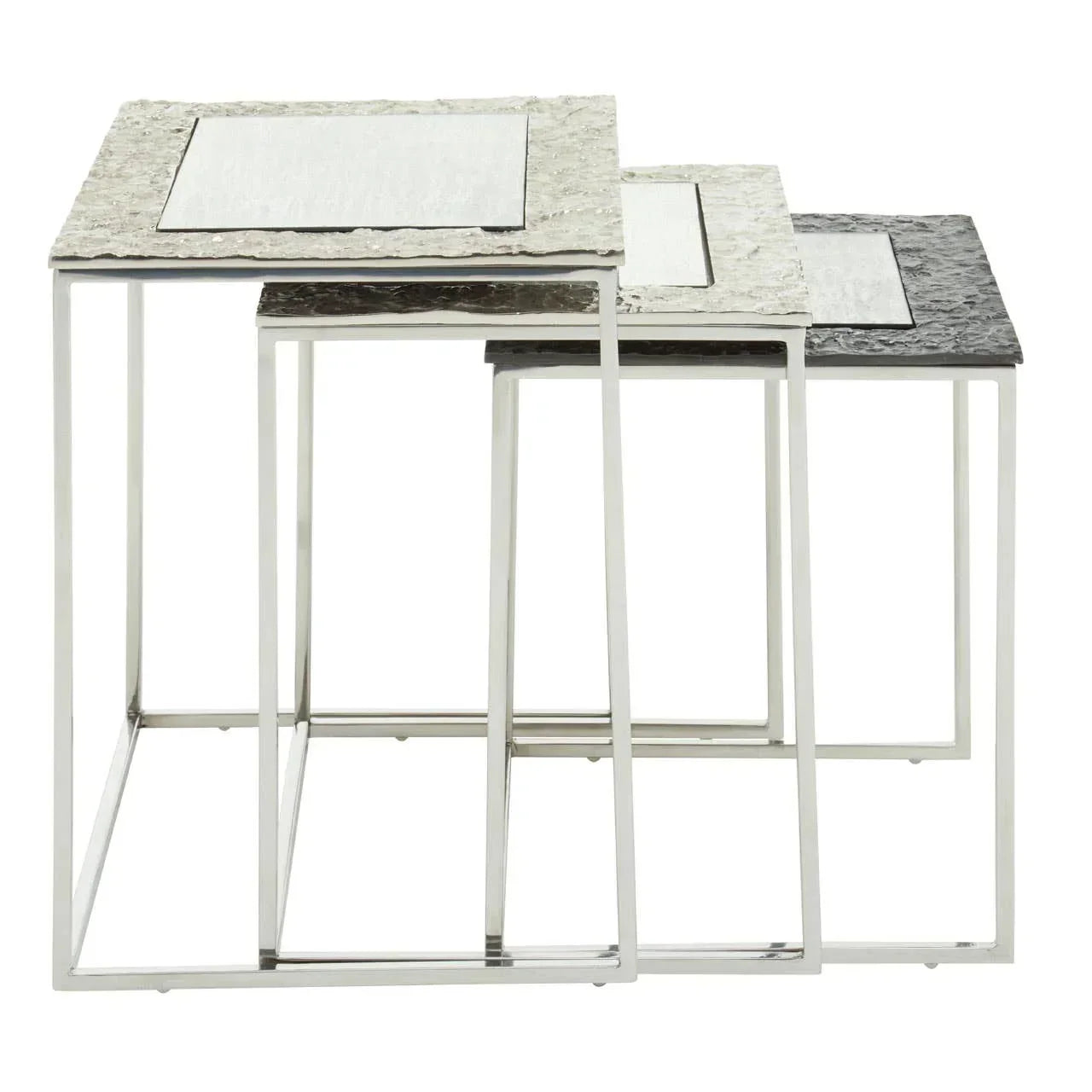 Set of three nested square side tables with textured metal tops and chrome frames