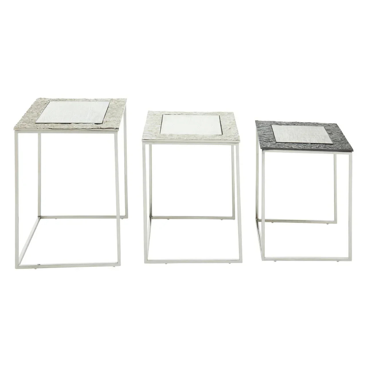 Set of three square nesting tables with metal frames and textured stone tops