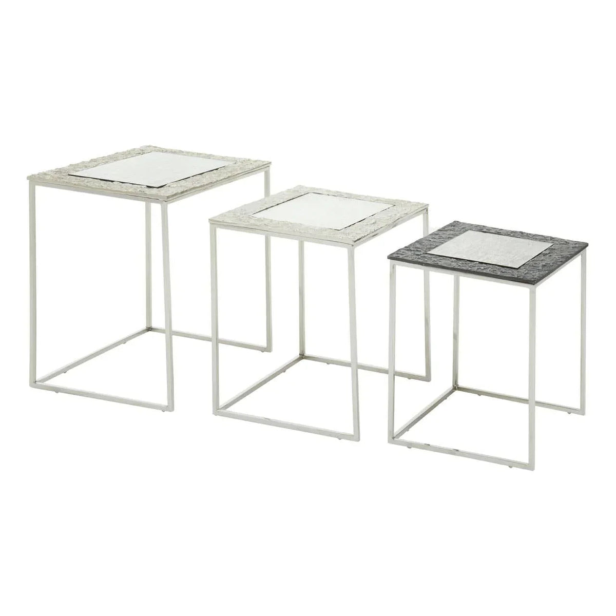 Set of 3 nesting tables with textured mirror tops and chrome frames, angled view