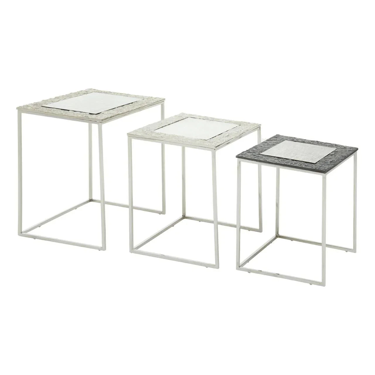 Set of three square nesting tables with metal frames and textured stone tops in varied shades