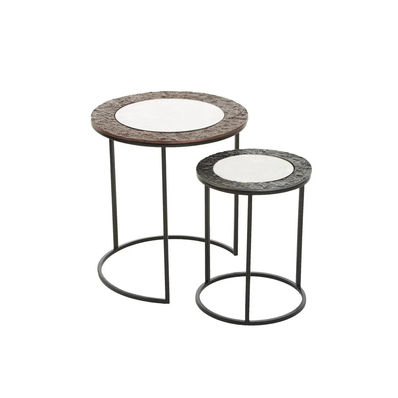 Set of two round nesting side tables with metal frames and textured tops
